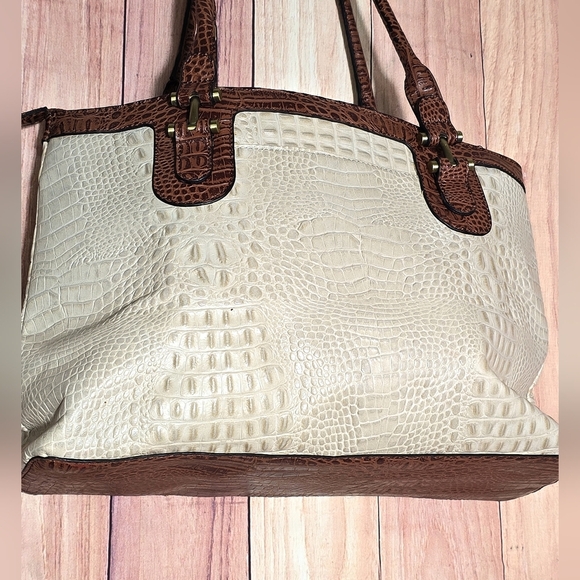 Etienne Aigner Leather Vintage Croc Embossed  Cream & Brown Tote Satchel 15x10" - Picture 2 of 15